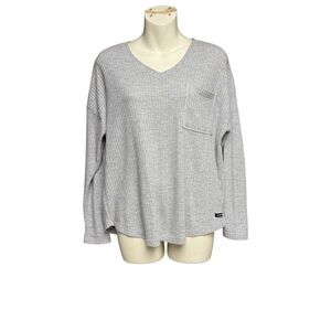 Calvin Klein XS Gray V-Neck waffle knit Women's Top long sleeve front pocket